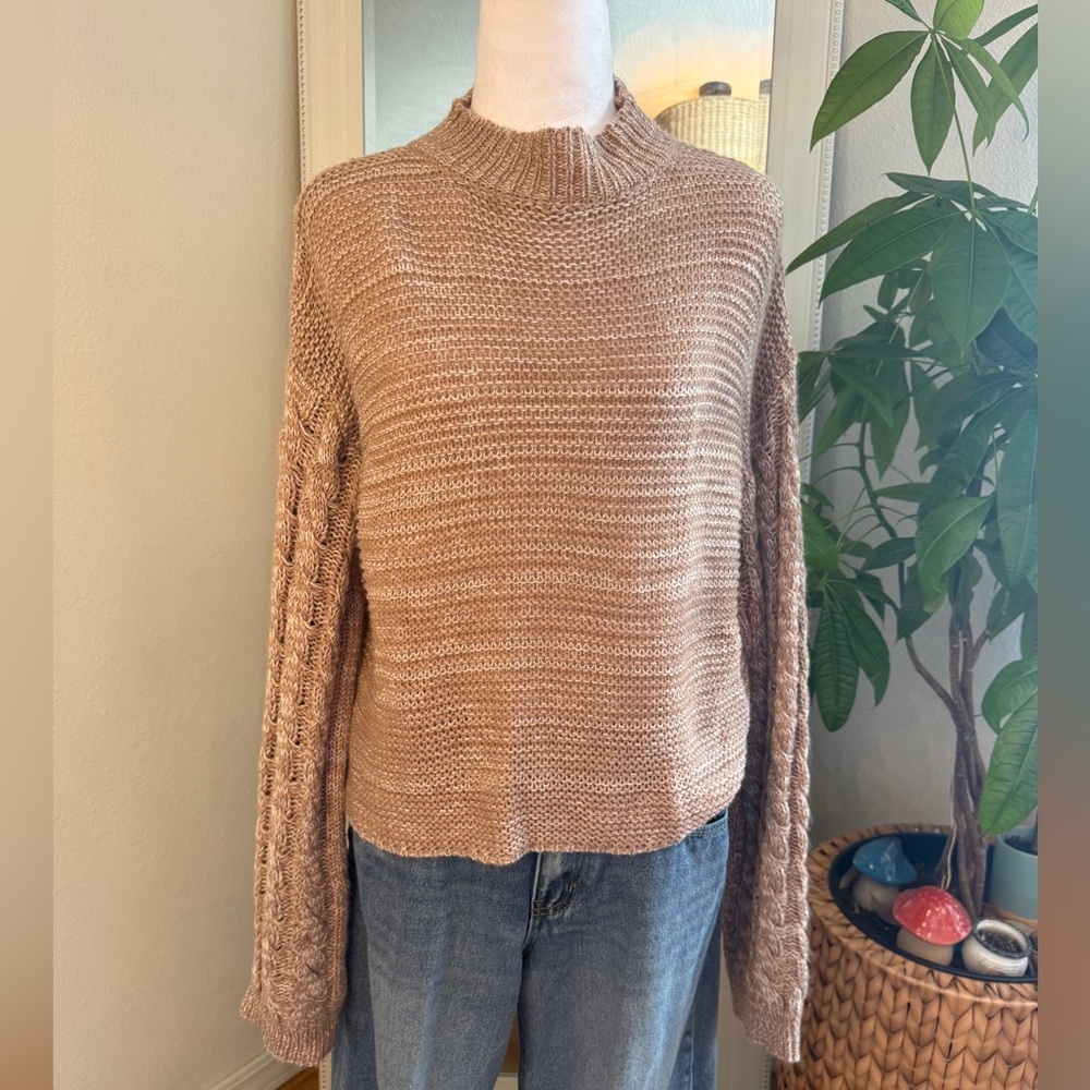 Cozy Lightweight Brown Knit Sweater with Cable Knit Sleeves